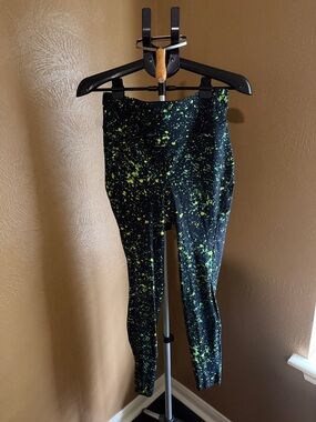 lululemon athletica Black Leggings with Neon Green Splatter